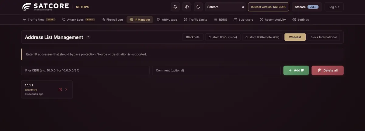 IP Management with blackhole, whitelist and international blocking