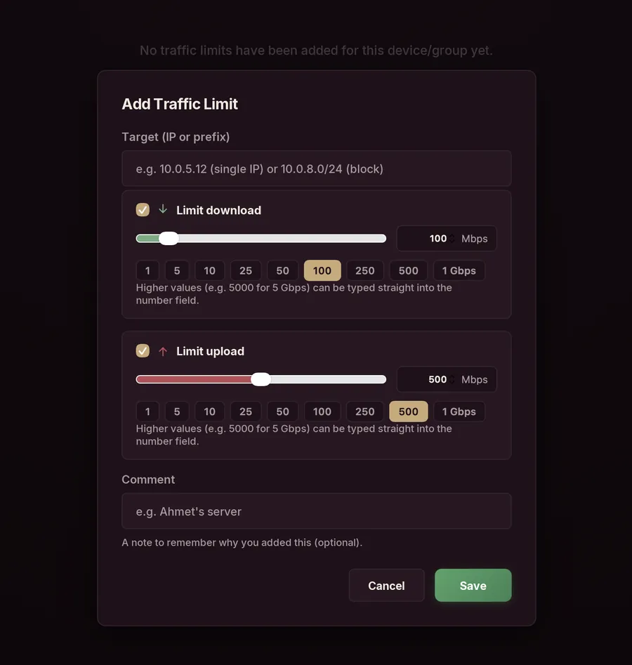 Add traffic limit dialog
