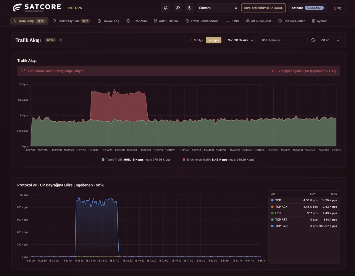 NetOps Traffic Flow view with clean and blocked traffic charts