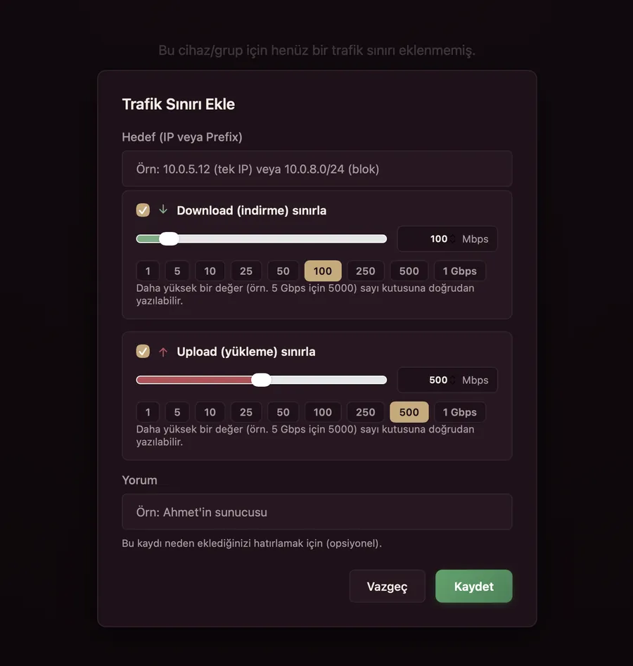 Add traffic limit dialog